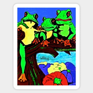 Frog Family Hanging Out On A Limb 3 Sticker